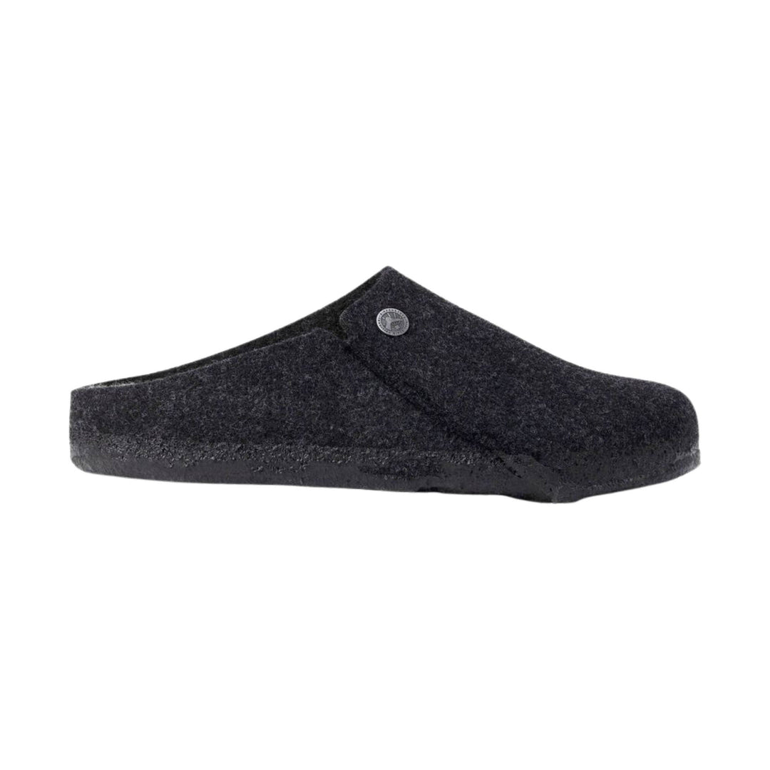 Dark gray felt clog slipper with a closed toe, rounded sole, and side button detail