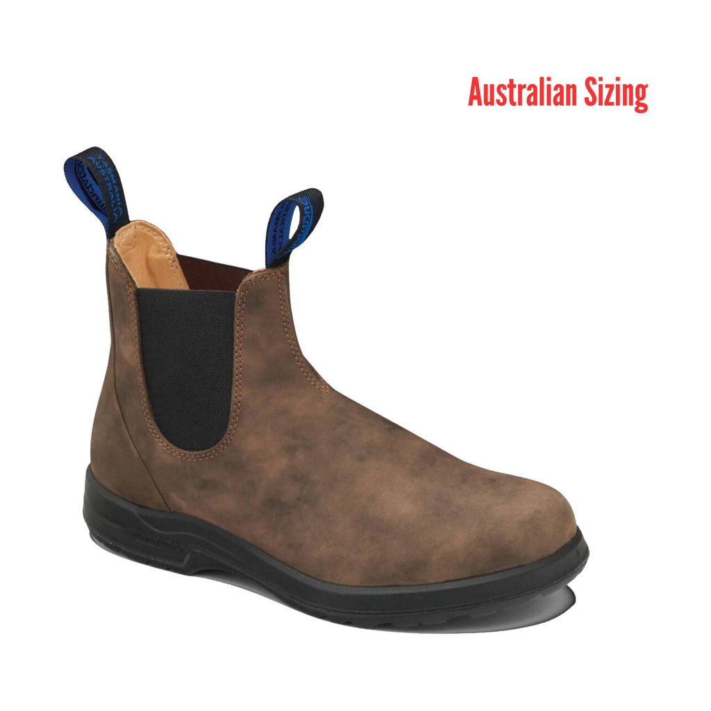 Brown leather boot with blue elastic sides on a white background, labeled 'Australian Sizing'.