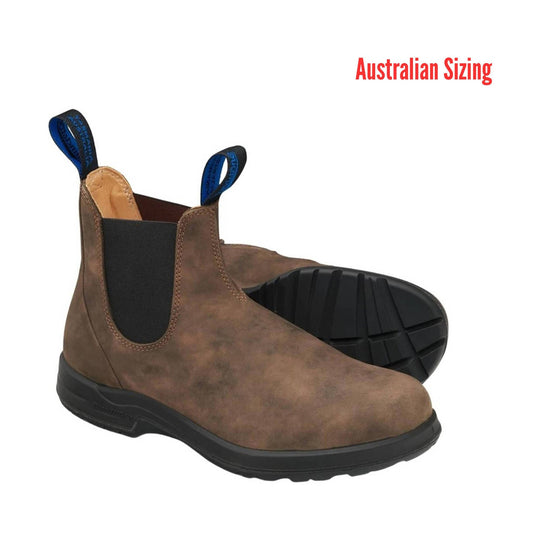 Brown pull-on Chelsea boots with black soles and blue heel loops