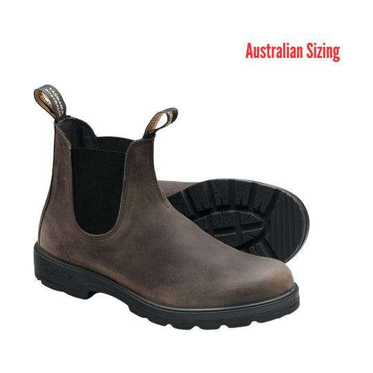 Brown leather Chelsea boot with black elastic side panels and pull tabs, shown with outsole view