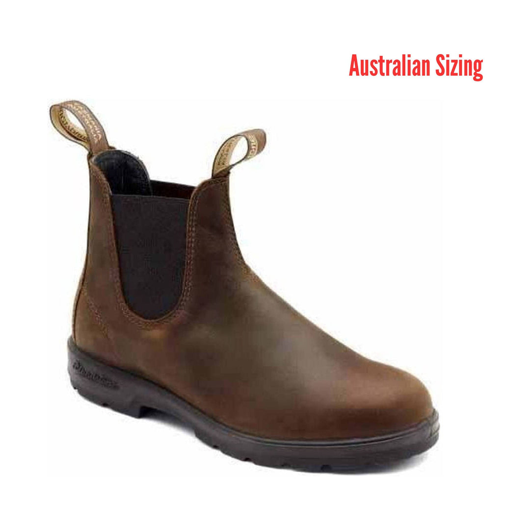 Brown Chelsea boot with black elastic side panel and pull tabs, shown in side view