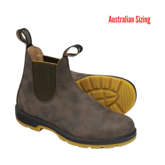 Brown leather boot with yellow sole on a white background, labeled 'Australian Sizing'.