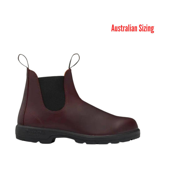 Brown leather boot with black sole on a white background, featuring 'Australian Sizing' text.