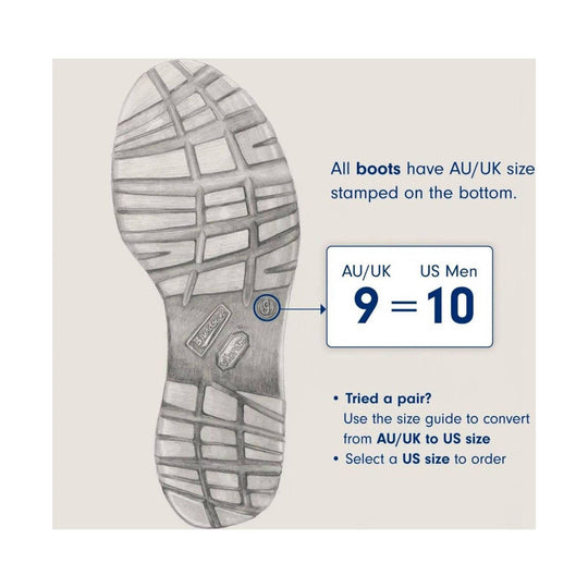 Illustration of a boot sole with size conversion information from AU/UK to US.