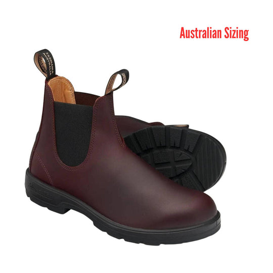 Brown leather boot with black sole on a white background, featuring 'Australian Sizing' text.
