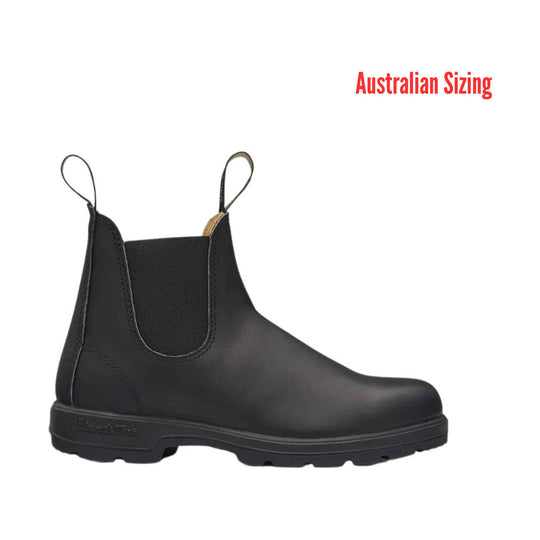 Black rubber boot with Australian Sizing text on a white background