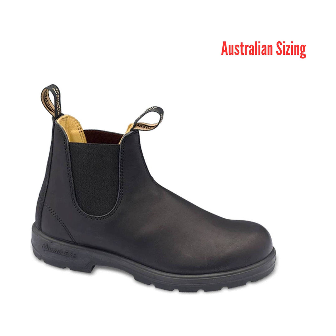 Black Chelsea boot on a white background with 'Australian Sizing' text.