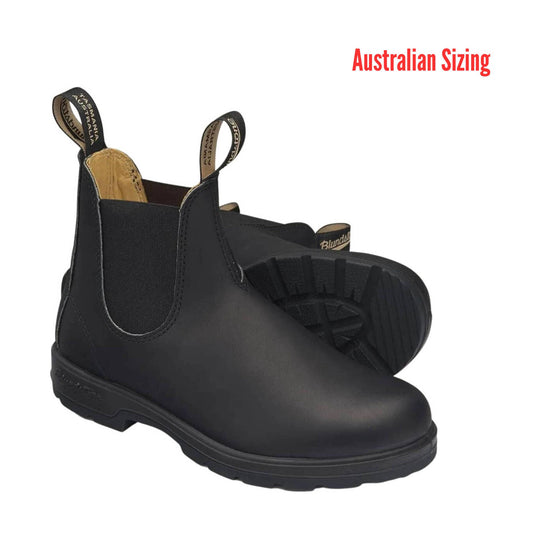 Black rubber boots with Australian Sizing label on a white background