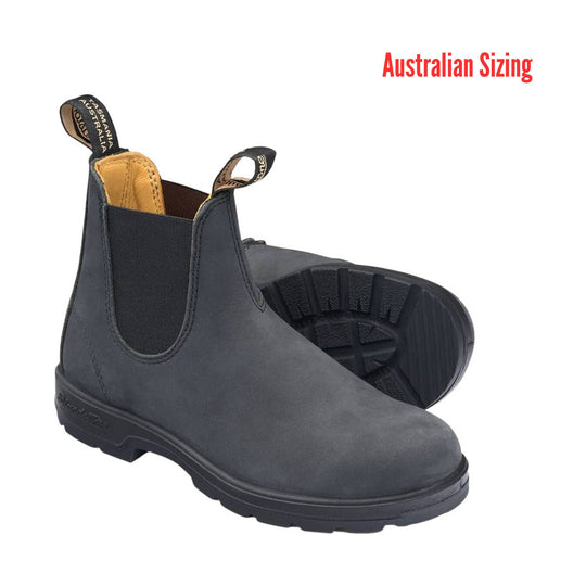 Pair of black leather boots with Australian Sizing label on a white background