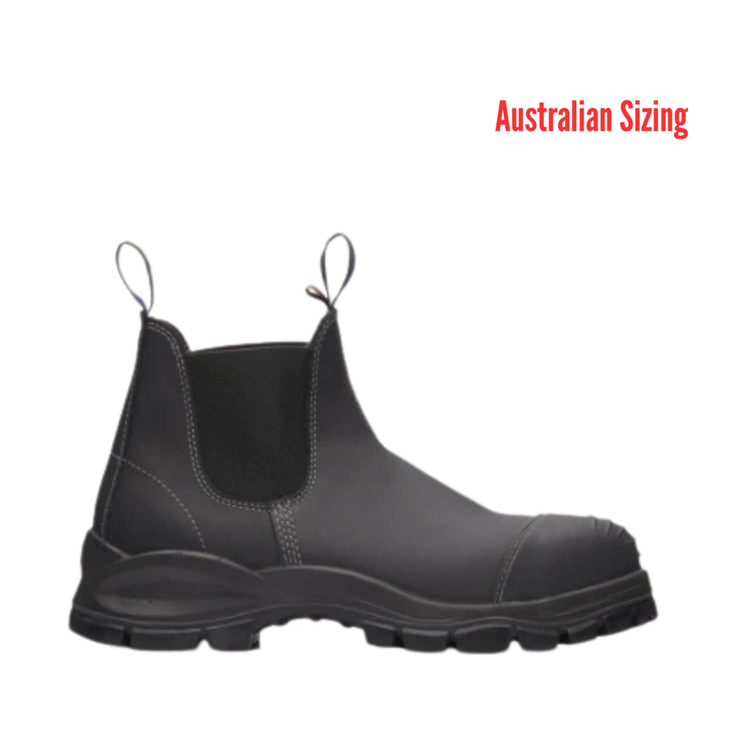 Black pull-on work boot with elastic side panels and loop tabs, shown in side view