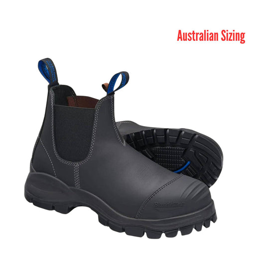 Black Chelsea-style work boot with pull tabs and chunky tread sole, with "Australian Sizing" text