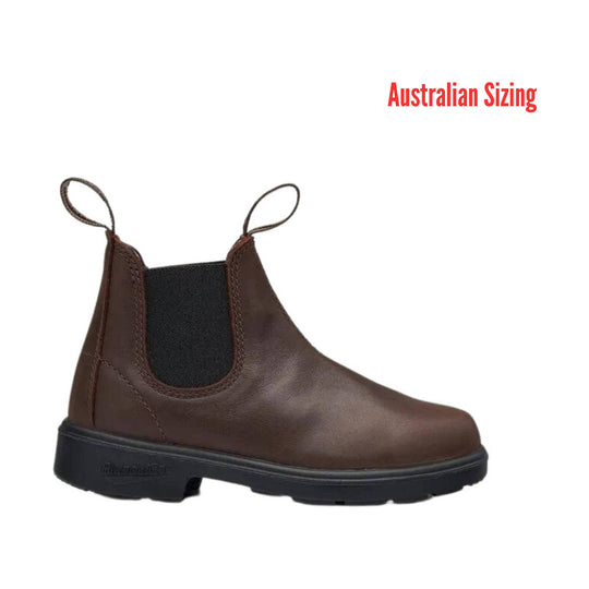 Brown leather boot with black sole on a white background, featuring 'Australian Sizing' text.