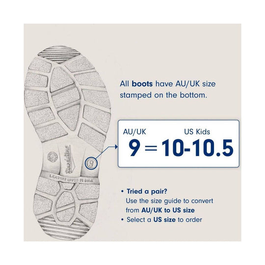 Size conversion chart for boots showing AU/UK to US Kids size on a boot sole illustration.