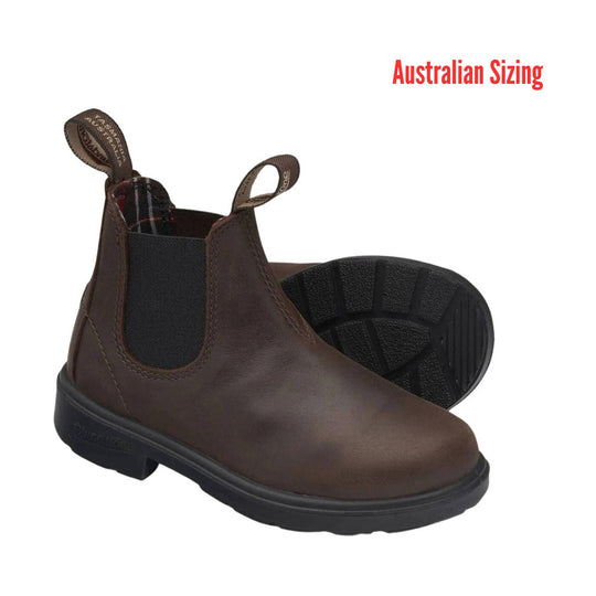 Brown leather boots with black soles on a white background, labeled 'Australian Sizing'.