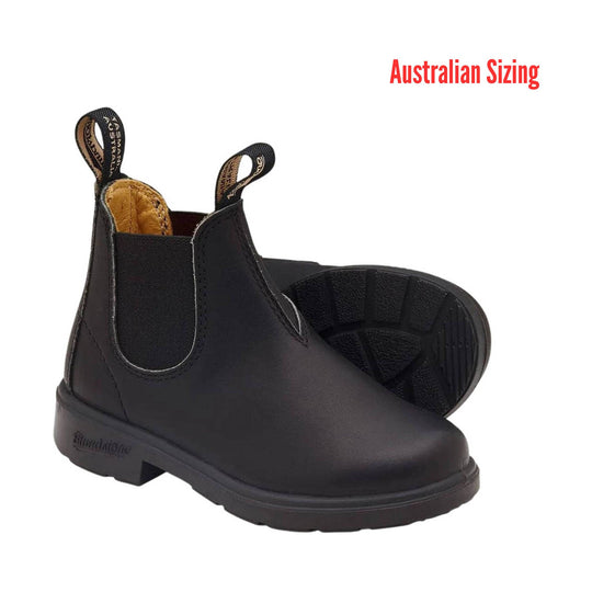 Black leather boot with a visible brand logo on a white background