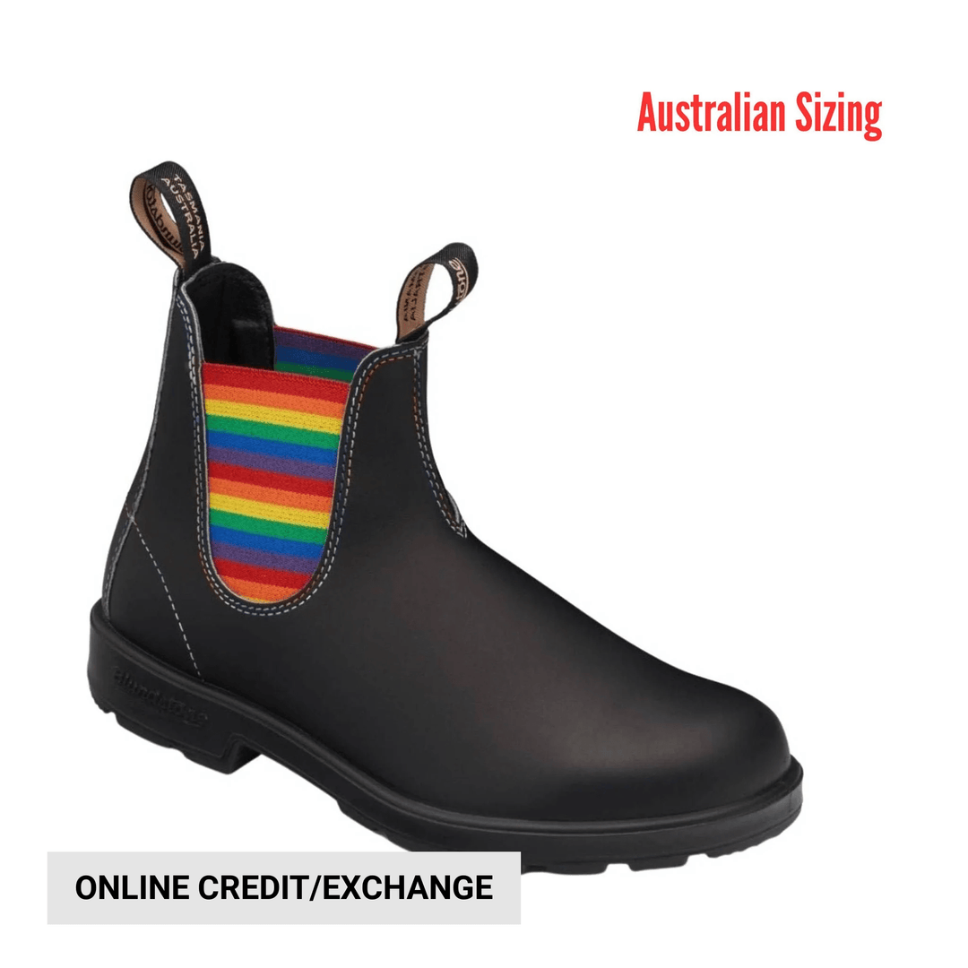 Black Chelsea boot with rainbow elastic side panels and pull tabs