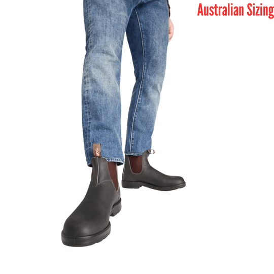 Dark brown leather boots worn with blue jeans on a white background, with 'Australian Sizing' text.