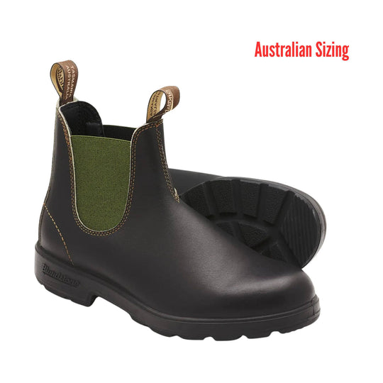 brown rubber boots with green lining on a white background, featuring 'Australian Sizing' text.