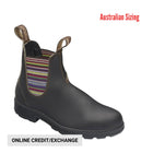 Black Chelsea boot with striped lining on a white background, featuring 'Australian Sizing' text.