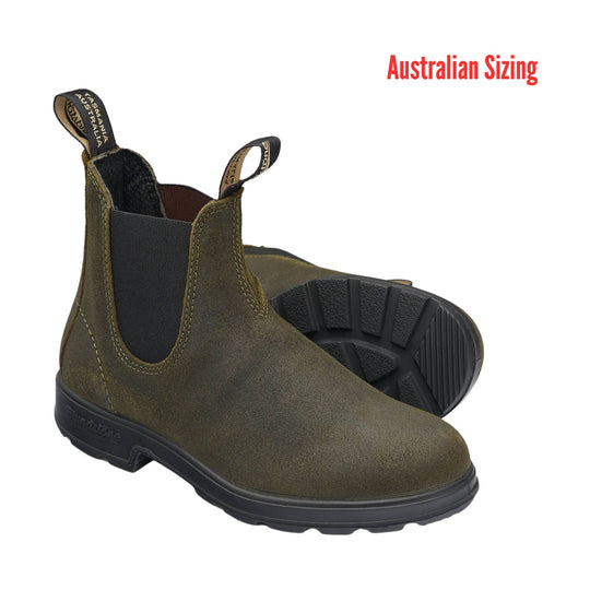 Pair of green Chelsea boots with black soles on a white background, featuring 'Australian Sizing' text.