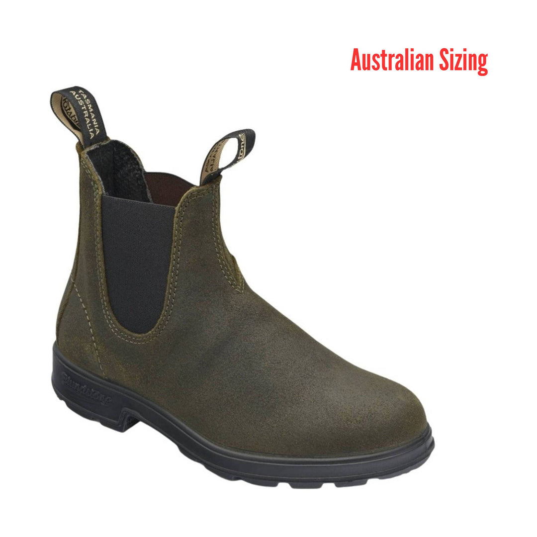 Green Chelsea boot with black sole on a white background, featuring 'Australian Sizing' text.