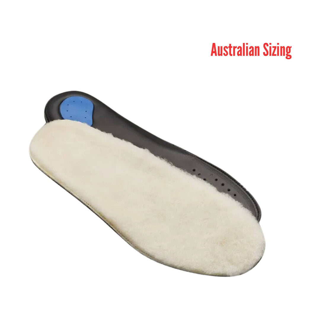 Sheepskin shoe insole with black base, cream top layer, and blue heel pad