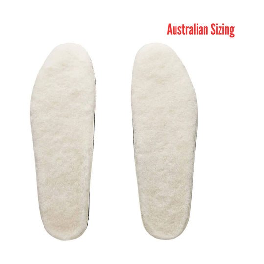 Sheepskin shoe insoles with rounded toe and tapered heel, labeled Australian Sizing