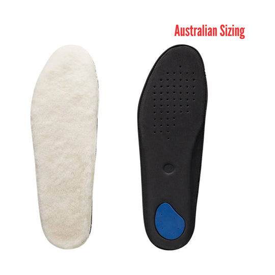 Two shoe insoles shown side by side on a white background, with red text reading Australian Sizing