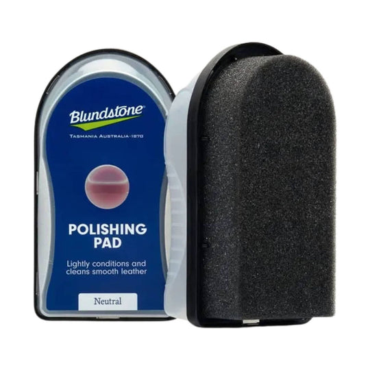 Shoe polishing pad in plastic case with blue label and black foam applicator