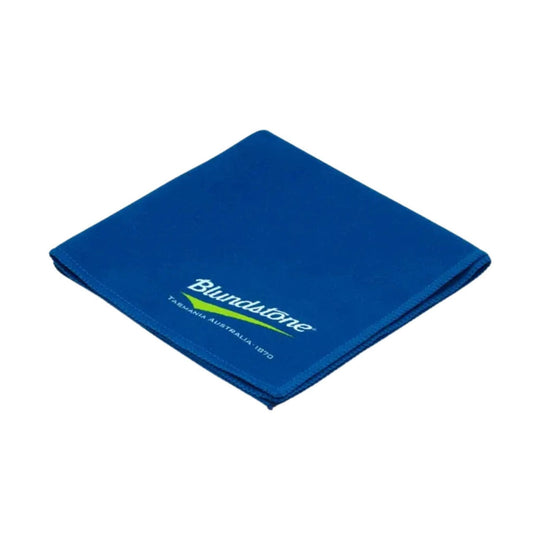Blue folded square cloth with Blundstone logo and Tasmania Australia 1870 text