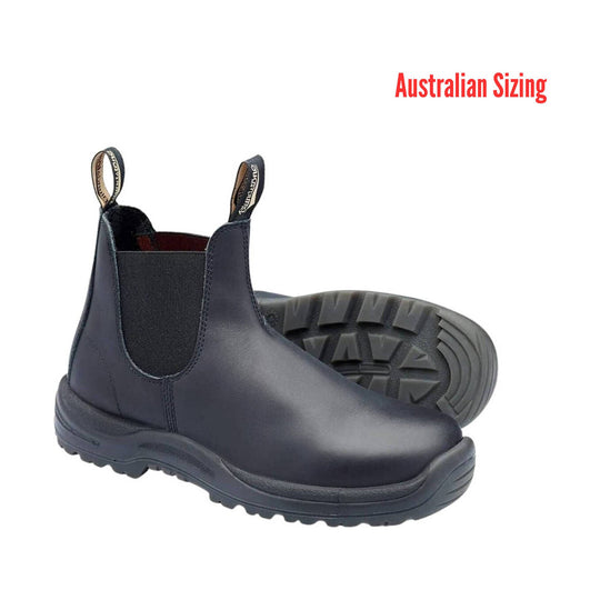 Black pull-on work boot with elastic side panels, pull tabs, and a lug sole