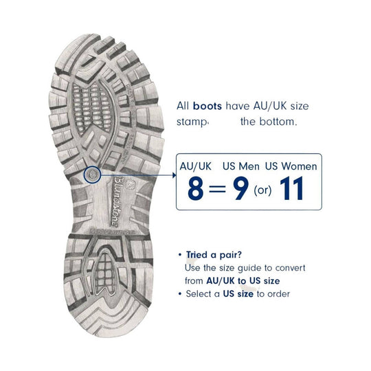 Boot sole with size guide showing AU/UK 8 equals US men 9 or US women 11