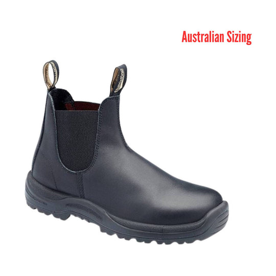 Black pull-on work boot with elastic side panels and rear pull tabs