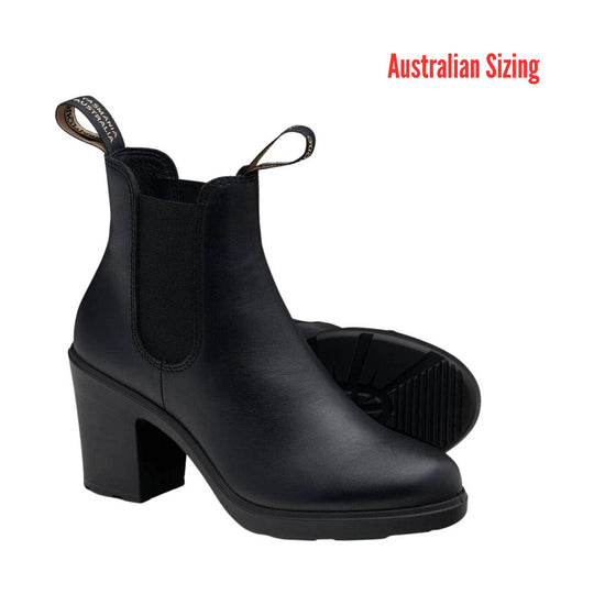 Black ankle boot with a block heel on a white background, featuring 'Australian Sizing' text.