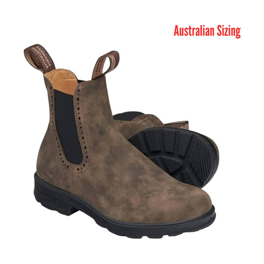 Brown leather boots with black soles on a white background, labeled 'Australian Sizing'.