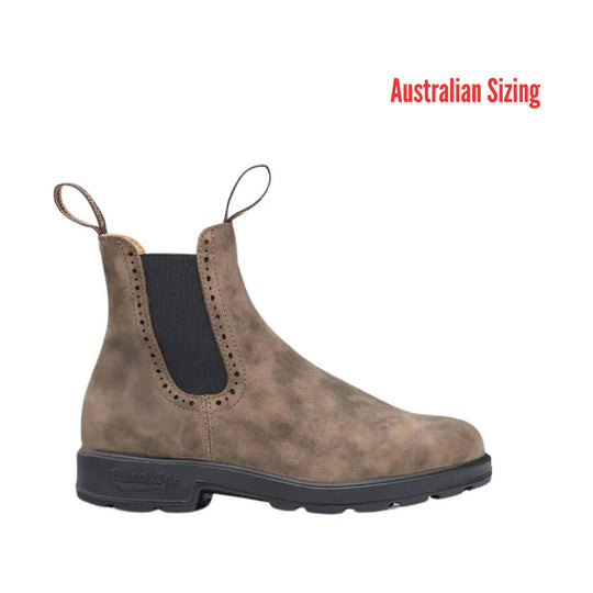 Brown leather boot with black sole on a white background, featuring 'Australian Sizing' text.