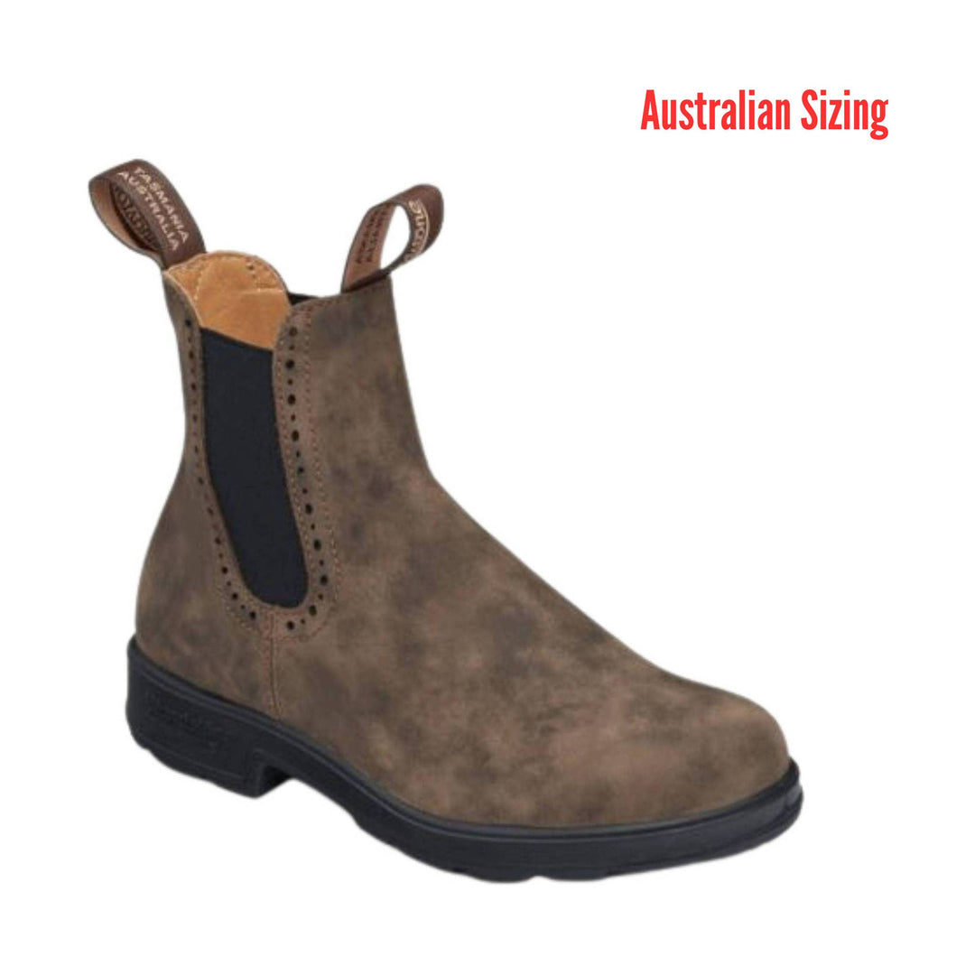 Brown leather boot with black sole on a white background, labeled 'Australian Sizing'.