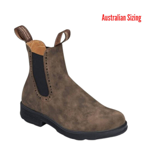 Brown leather boot with black sole on a white background, labeled 'Australian Sizing'.