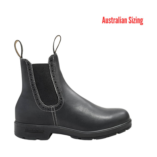 Black pull-on Chelsea boot with elastic side panels and front and back pull tabs