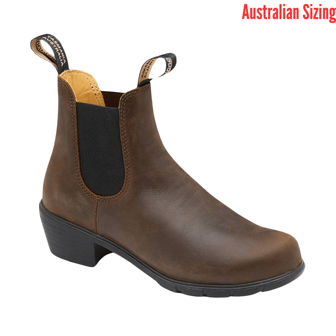 Brown leather heeled Chelsea boot with black side elastic and pull tabs