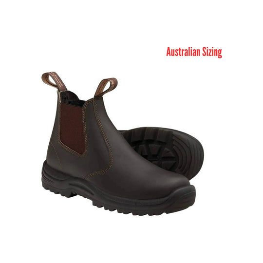 Brown rubber boot with a visible sole on a white background, labeled 'Australian Sizing'.