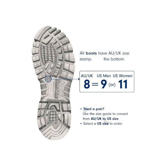 Shoe sole with size conversion guide from AU/UK to US on a white background