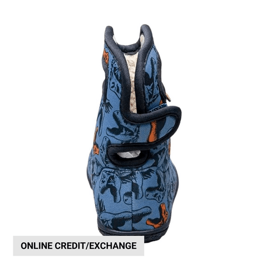 Blue toddler rain boot with dinosaur print, black trim, and an "ONLINE CREDIT/EXCHANGE" banner