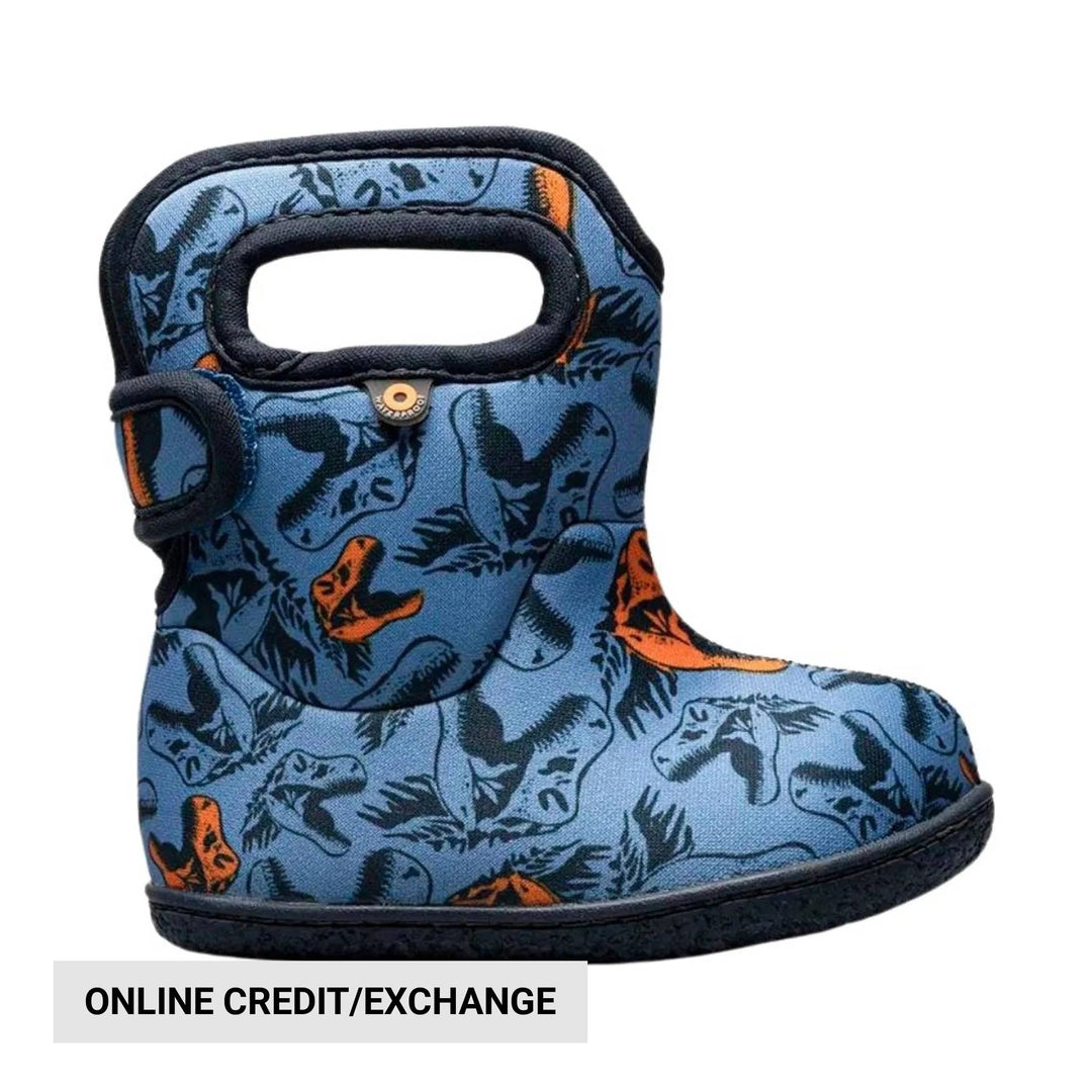 Blue toddler rain boot with dinosaur print and black sole, shown in side view