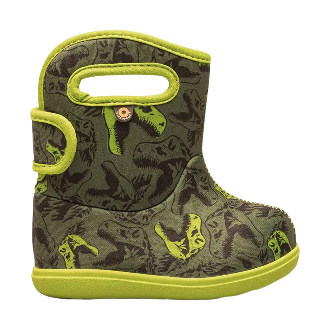 Olive and neon green toddler rain boot with dinosaur print and a pull-on handle