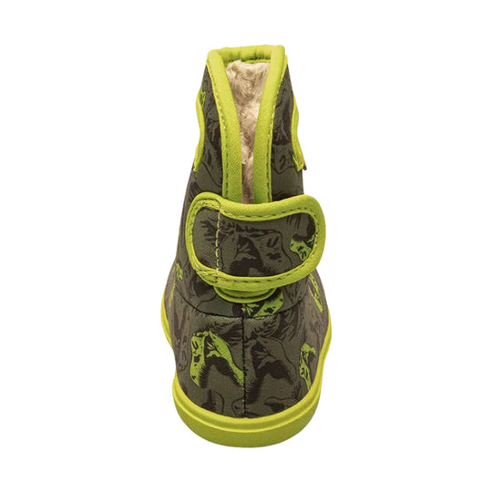 Toddler rain boot with dark camo print, lime green trim, and a Velcro strap