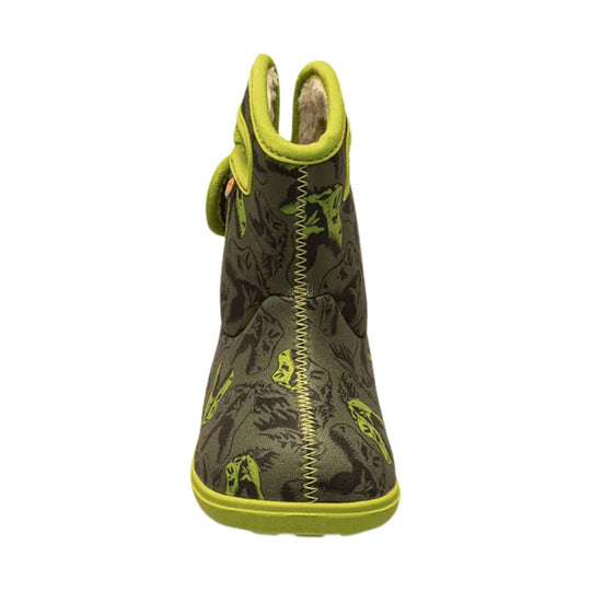 Olive and neon green toddler rain boot with dinosaur print and pull-on handles