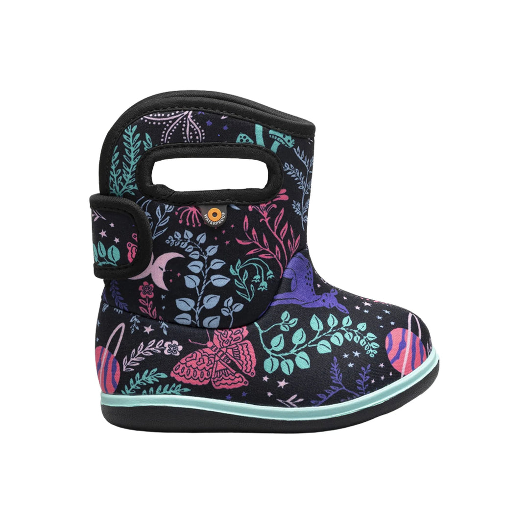 Black toddler snow boot with colorful forest and butterfly print, faux fur cuff, and side hook-and-loop strap