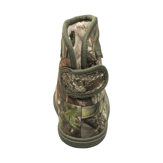 Mossy camo rain boot with green trim, fleece lining, and a wide hook-and-loop strap