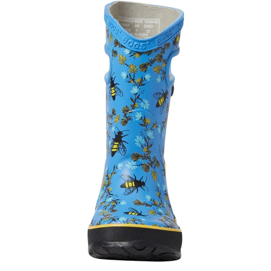 Blue knee-high rain boot with bee and floral print and black treaded sole